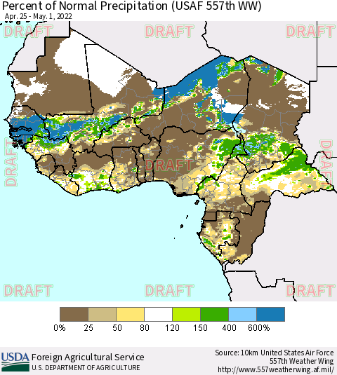 Western Africa Percent of Normal Precipitation (USAF 557th WW) Thematic Map For 4/25/2022 - 5/1/2022
