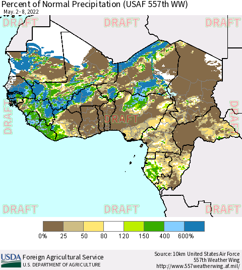 Western Africa Percent of Normal Precipitation (USAF 557th WW) Thematic Map For 5/2/2022 - 5/8/2022