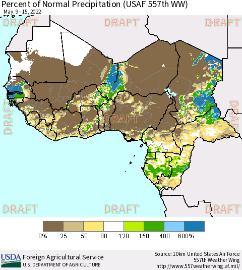 Western Africa Percent of Normal Precipitation (USAF 557th WW) Thematic Map For 5/9/2022 - 5/15/2022