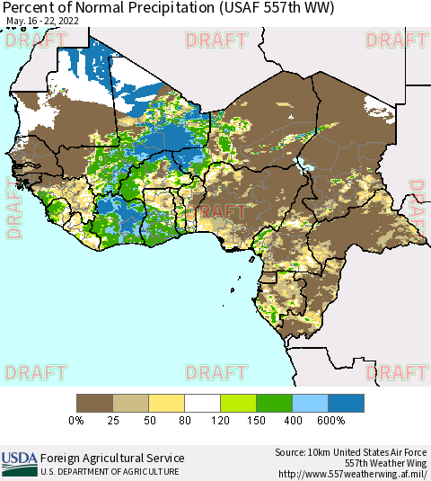 Western Africa Percent of Normal Precipitation (USAF 557th WW) Thematic Map For 5/16/2022 - 5/22/2022