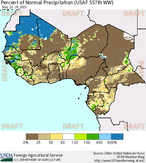 Western Africa Percent of Normal Precipitation (USAF 557th WW) Thematic Map For 5/23/2022 - 5/29/2022