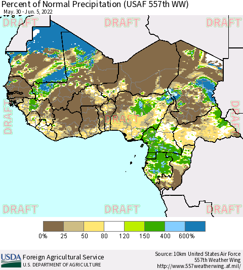 Western Africa Percent of Normal Precipitation (USAF 557th WW) Thematic Map For 5/30/2022 - 6/5/2022