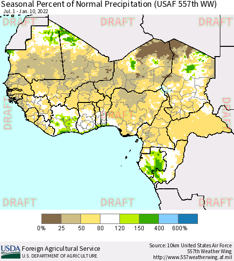 Western Africa Seasonal Percent of Normal Precipitation (USAF 557th WW) Thematic Map For 7/1/2021 - 1/10/2022
