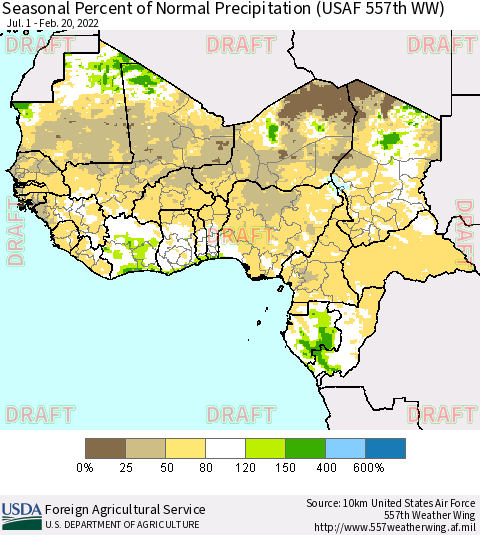 Western Africa Seasonal Percent of Normal Precipitation (USAF 557th WW) Thematic Map For 7/1/2021 - 2/20/2022