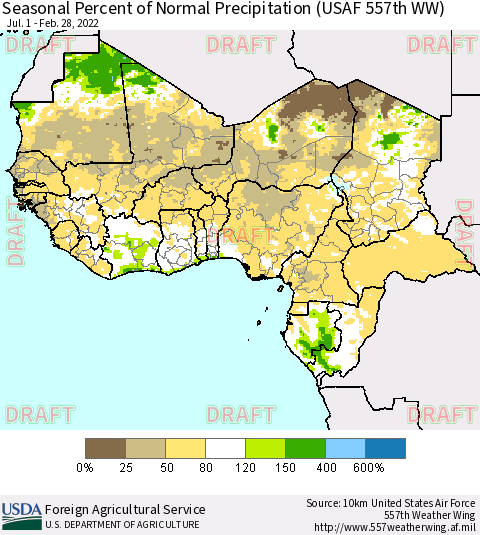 Western Africa Seasonal Percent of Normal Precipitation (USAF 557th WW) Thematic Map For 7/1/2021 - 2/28/2022