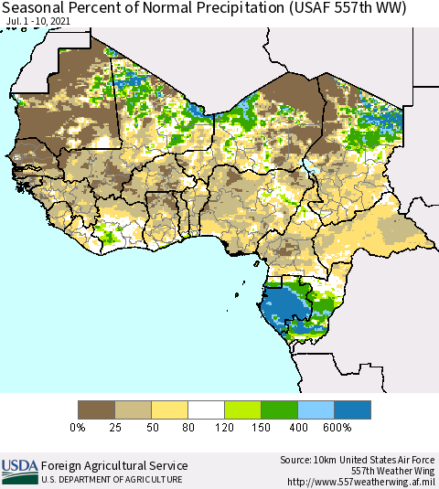 Western Africa Seasonal Percent of Normal Precipitation (USAF 557th WW) Thematic Map For 7/1/2021 - 7/10/2021