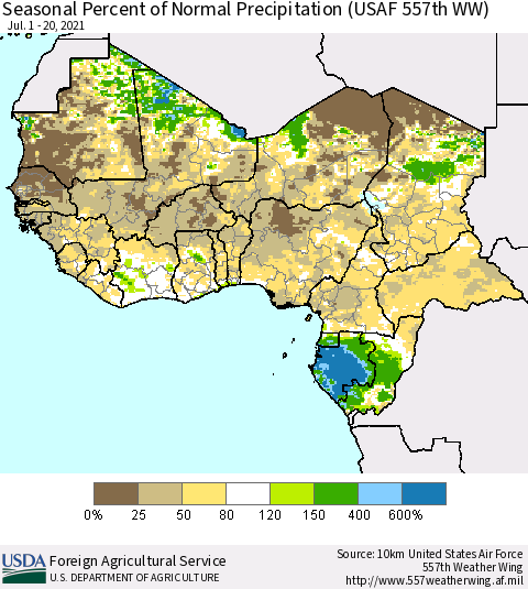 Western Africa Seasonal Percent of Normal Precipitation (USAF 557th WW) Thematic Map For 7/1/2021 - 7/20/2021