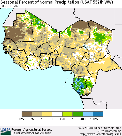Western Africa Seasonal Percent of Normal Precipitation (USAF 557th WW) Thematic Map For 7/1/2021 - 7/31/2021