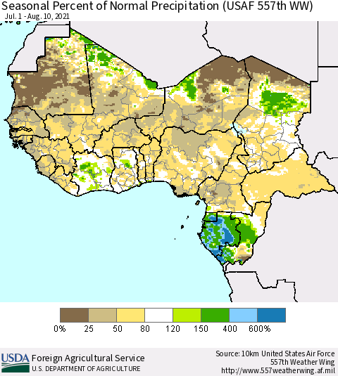 Western Africa Seasonal Percent of Normal Precipitation (USAF 557th WW) Thematic Map For 7/1/2021 - 8/10/2021