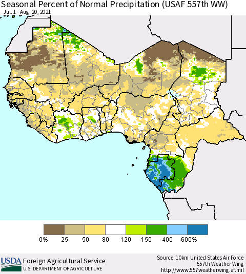 Western Africa Seasonal Percent of Normal Precipitation (USAF 557th WW) Thematic Map For 7/1/2021 - 8/20/2021