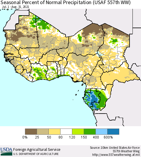 Western Africa Seasonal Percent of Normal Precipitation (USAF 557th WW) Thematic Map For 7/1/2021 - 8/31/2021