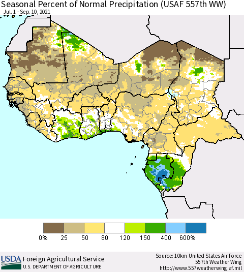 Western Africa Seasonal Percent of Normal Precipitation (USAF 557th WW) Thematic Map For 7/1/2021 - 9/10/2021