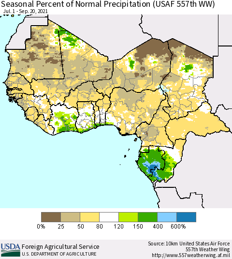 Western Africa Seasonal Percent of Normal Precipitation (USAF 557th WW) Thematic Map For 7/1/2021 - 9/20/2021