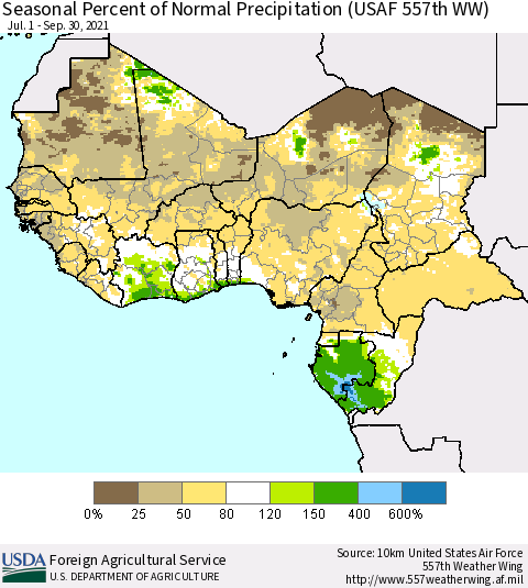 Western Africa Seasonal Percent of Normal Precipitation (USAF 557th WW) Thematic Map For 7/1/2021 - 9/30/2021