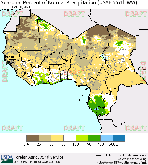 Western Africa Seasonal Percent of Normal Precipitation (USAF 557th WW) Thematic Map For 7/1/2021 - 10/10/2021
