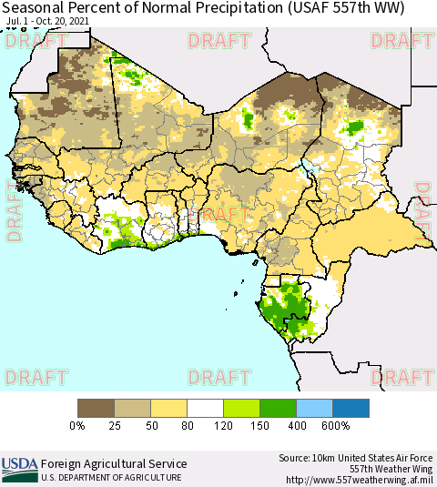 Western Africa Seasonal Percent of Normal Precipitation (USAF 557th WW) Thematic Map For 7/1/2021 - 10/20/2021