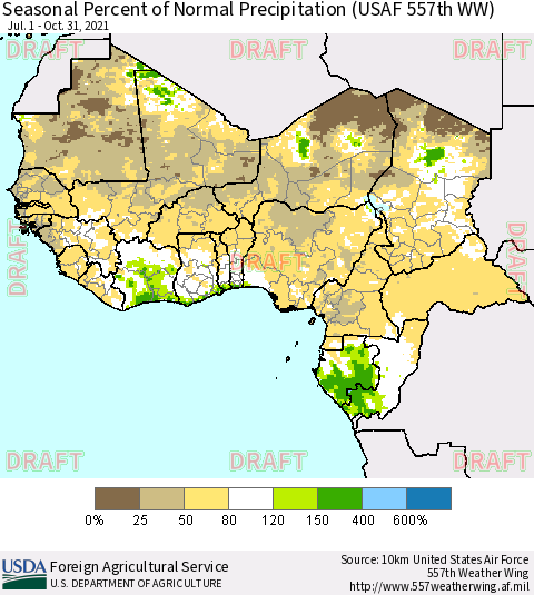 Western Africa Seasonal Percent of Normal Precipitation (USAF 557th WW) Thematic Map For 7/1/2021 - 10/31/2021