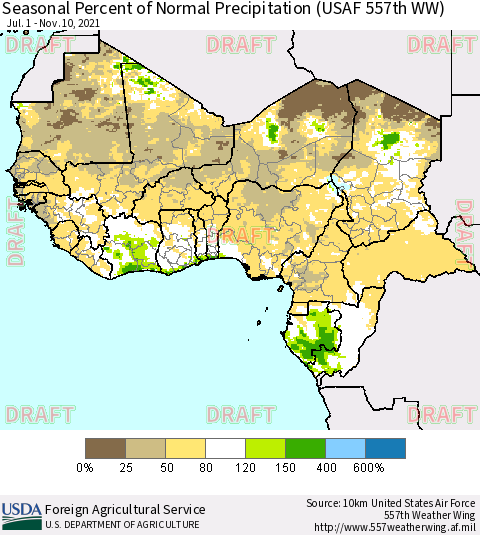 Western Africa Seasonal Percent of Normal Precipitation (USAF 557th WW) Thematic Map For 7/1/2021 - 11/10/2021