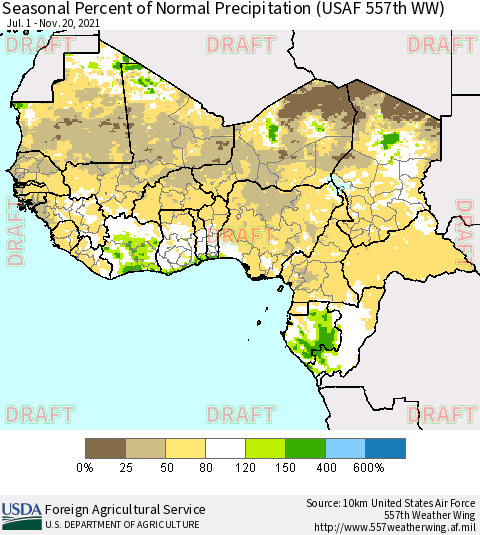 Western Africa Seasonal Percent of Normal Precipitation (USAF 557th WW) Thematic Map For 7/1/2021 - 11/20/2021