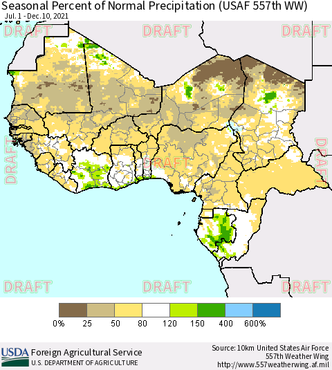 Western Africa Seasonal Percent of Normal Precipitation (USAF 557th WW) Thematic Map For 7/1/2021 - 12/10/2021