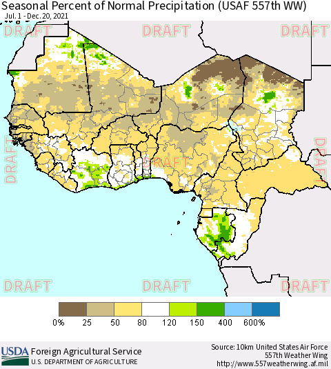 Western Africa Seasonal Percent of Normal Precipitation (USAF 557th WW) Thematic Map For 7/1/2021 - 12/20/2021