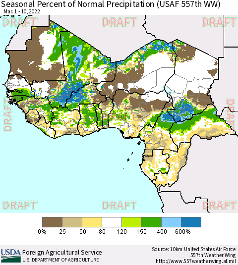 Western Africa Seasonal Percent of Normal Precipitation (USAF 557th WW) Thematic Map For 3/1/2022 - 3/10/2022
