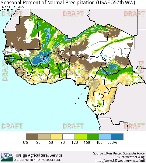 Western Africa Seasonal Percent of Normal Precipitation (USAF 557th WW) Thematic Map For 3/1/2022 - 3/20/2022