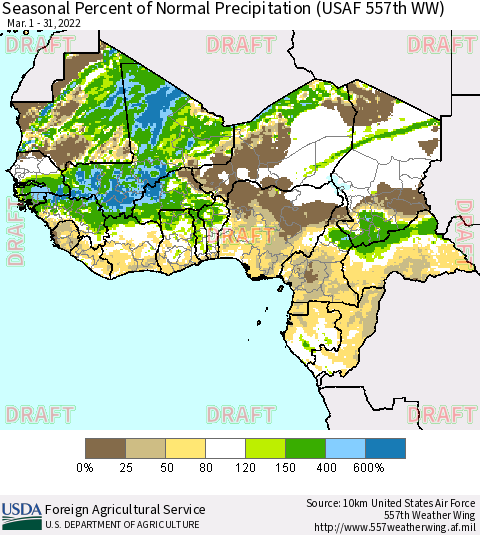 Western Africa Seasonal Percent of Normal Precipitation (USAF 557th WW) Thematic Map For 3/1/2022 - 3/31/2022