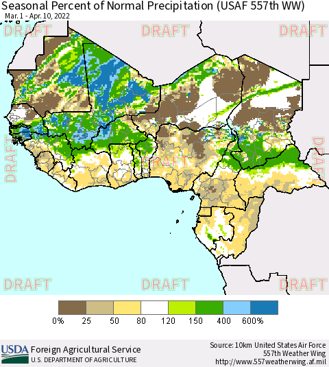 Western Africa Seasonal Percent of Normal Precipitation (USAF 557th WW) Thematic Map For 3/1/2022 - 4/10/2022