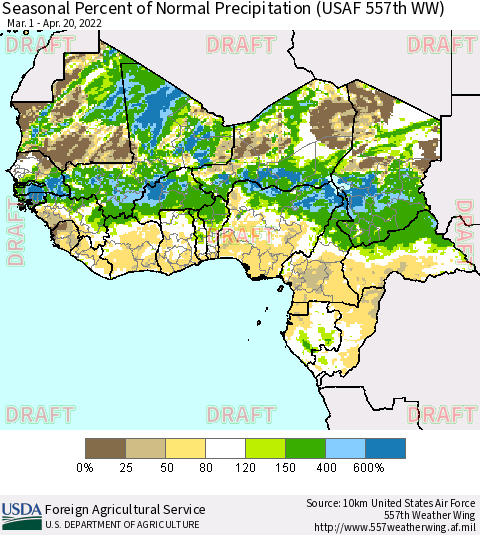 Western Africa Seasonal Percent of Normal Precipitation (USAF 557th WW) Thematic Map For 3/1/2022 - 4/20/2022