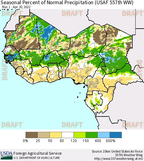 Western Africa Seasonal Percent of Normal Precipitation (USAF 557th WW) Thematic Map For 3/1/2022 - 4/30/2022