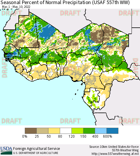 Western Africa Seasonal Percent of Normal Precipitation (USAF 557th WW) Thematic Map For 3/1/2022 - 5/10/2022