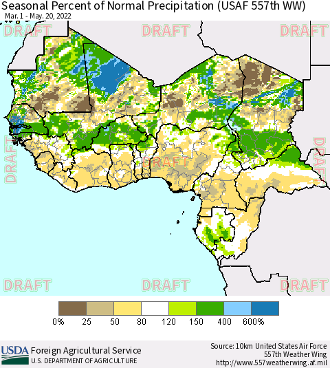 Western Africa Seasonal Percent of Normal Precipitation (USAF 557th WW) Thematic Map For 3/1/2022 - 5/20/2022