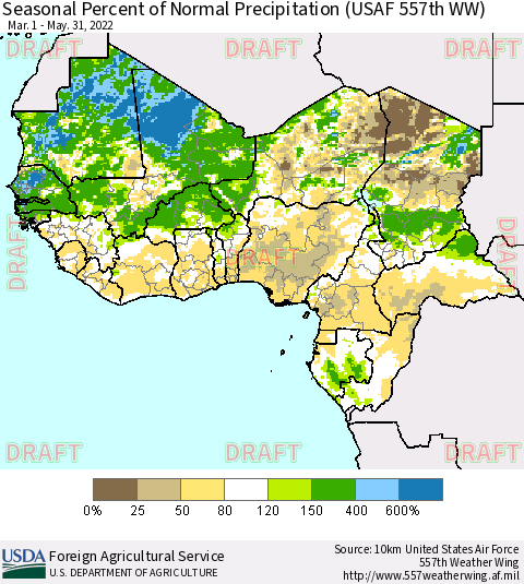 Western Africa Seasonal Percent of Normal Precipitation (USAF 557th WW) Thematic Map For 3/1/2022 - 5/31/2022