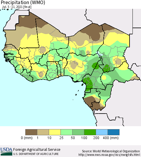 Western Africa Precipitation (WMO) Thematic Map For 7/5/2021 - 7/11/2021