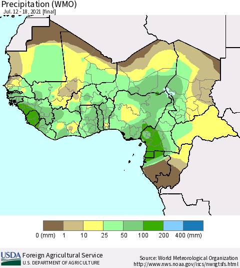 Western Africa Precipitation (WMO) Thematic Map For 7/12/2021 - 7/18/2021