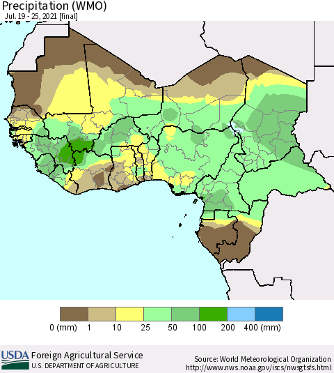 Western Africa Precipitation (WMO) Thematic Map For 7/19/2021 - 7/25/2021