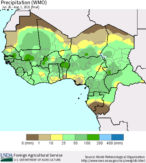 Western Africa Precipitation (WMO) Thematic Map For 7/26/2021 - 8/1/2021