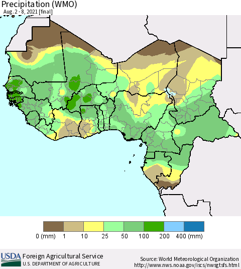 Western Africa Precipitation (WMO) Thematic Map For 8/2/2021 - 8/8/2021
