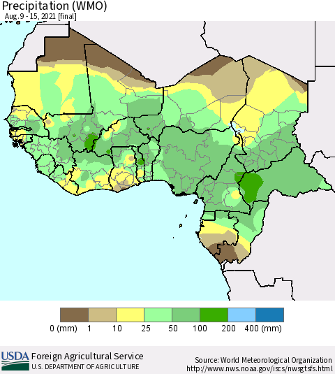 Western Africa Precipitation (WMO) Thematic Map For 8/9/2021 - 8/15/2021