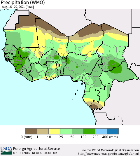 Western Africa Precipitation (WMO) Thematic Map For 8/16/2021 - 8/22/2021