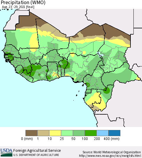 Western Africa Precipitation (WMO) Thematic Map For 8/23/2021 - 8/29/2021