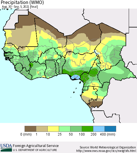 Western Africa Precipitation (WMO) Thematic Map For 8/30/2021 - 9/5/2021