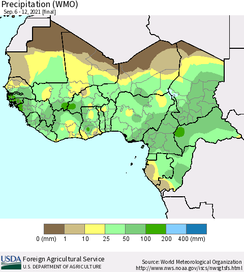 Western Africa Precipitation (WMO) Thematic Map For 9/6/2021 - 9/12/2021