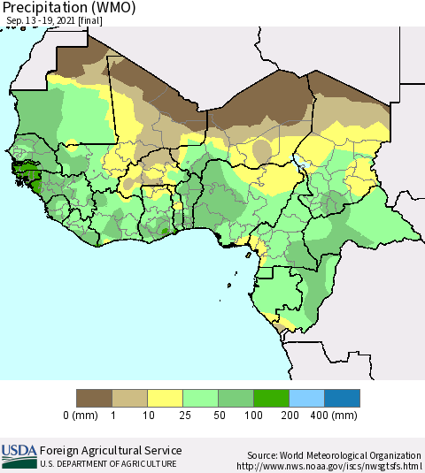 Western Africa Precipitation (WMO) Thematic Map For 9/13/2021 - 9/19/2021