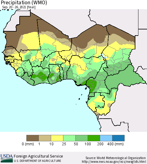 Western Africa Precipitation (WMO) Thematic Map For 9/20/2021 - 9/26/2021
