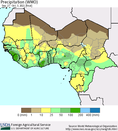 Western Africa Precipitation (WMO) Thematic Map For 9/27/2021 - 10/3/2021