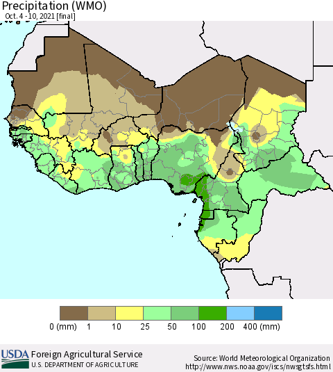 Western Africa Precipitation (WMO) Thematic Map For 10/4/2021 - 10/10/2021