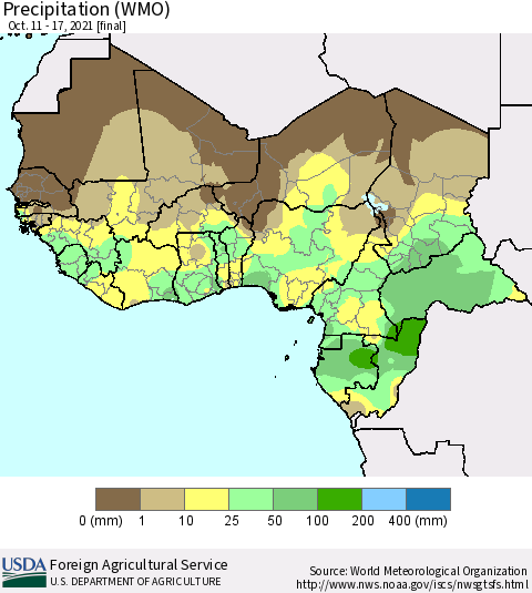 Western Africa Precipitation (WMO) Thematic Map For 10/11/2021 - 10/17/2021