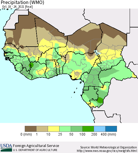 Western Africa Precipitation (WMO) Thematic Map For 10/18/2021 - 10/24/2021